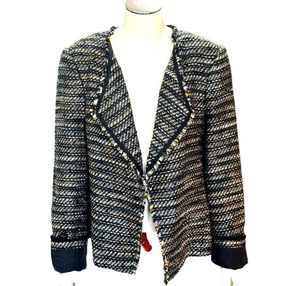Loft Size 12 Black Gold Green Tweed Open Front Blazer Jacket Theatric Glamorous - Picture 2 of 11